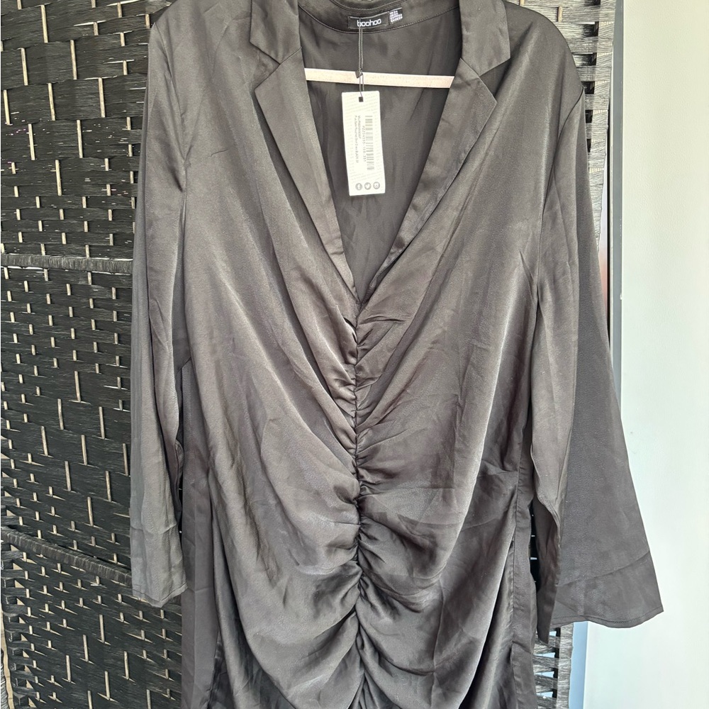 Boohoo Black Satin Ruched Dress